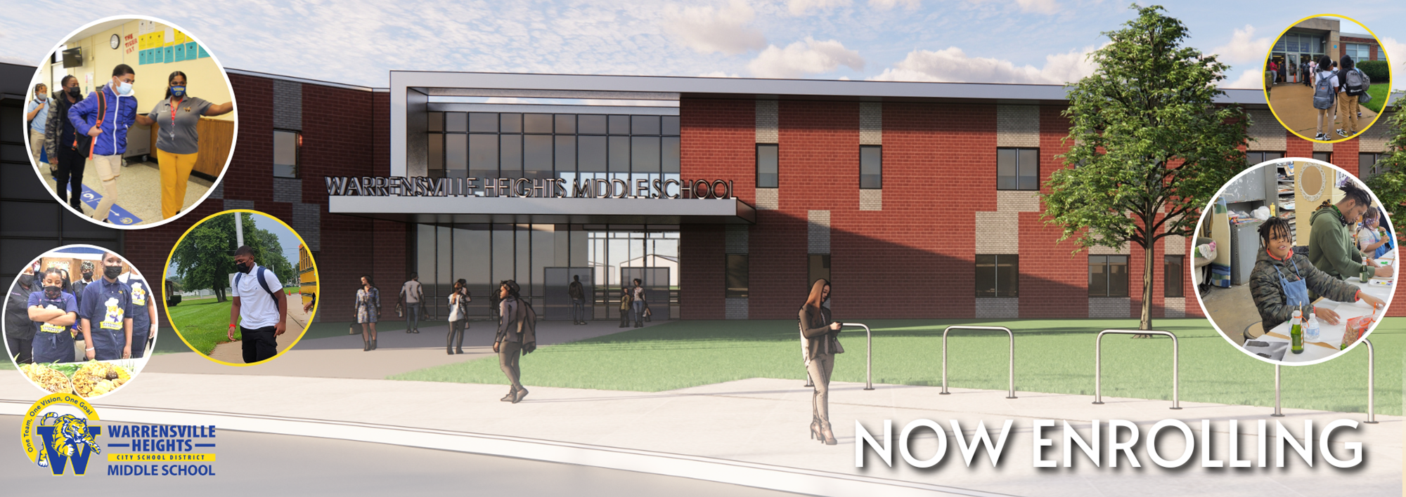 New middle school architect rendering with pictures of students overlapped on it 